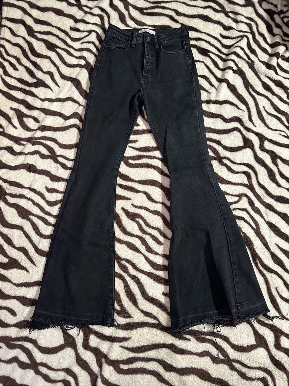 Black High-Rise Flare Jeans with Raw Hem